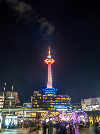 KYOTO, JAPAN - NOVEMBER 27 : Night light of Kyoto tower from train station in Kyoto, Japan, on November 27, 2017.のeditorial素材