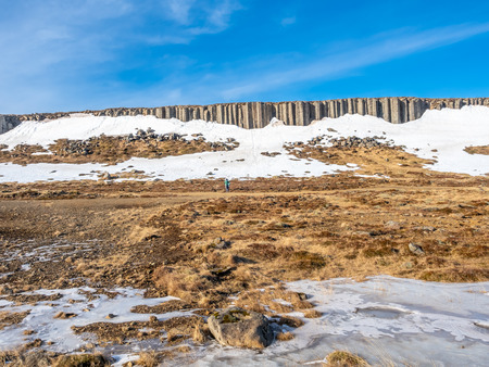 Gerduberg column wall is unusual nature phenomenon structure, geometrically symmetrical of basalt stone and look like man-made carving, Icelandの写真素材