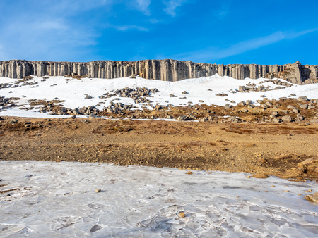 Gerduberg column wall is unusual nature phenomenon structure, geometrically symmetrical of basalt stone and look like man-made carving, Icelandの写真素材