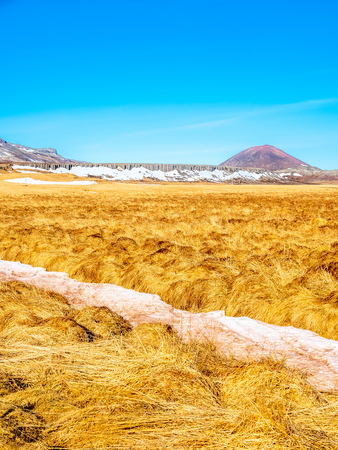 Natural scenic view of mountains and field in winter season in Icelandの写真素材