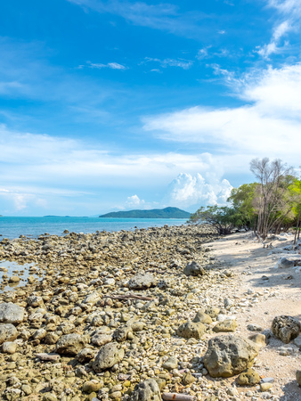 Seascape view at Phra That Laem Sor temple pagoda with sand and rock beach at Samui island in summer season, Thailandの写真素材