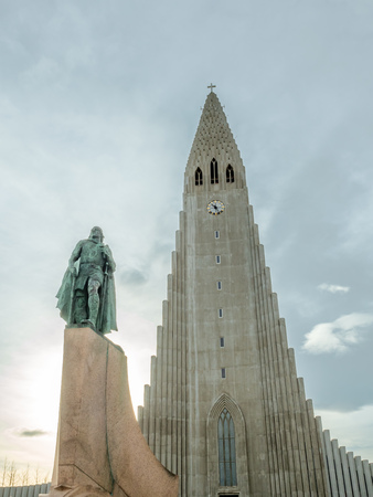 REYKJAVIK, ICELAND - MARCH 10 : Front side of Hallgrimskirkja church, the most famous landmark place of Iceland, with Leif Ericsson statue, Reykjavik, Iceland, was taken on March 10, 2018.のeditorial素材