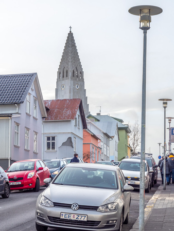 REYKJAVIK, ICELAND - MARCH 10 : Street view at downtown near Hallgrimskirkja church square in Reykjavik, Iceland, on March 10, 2018.のeditorial素材