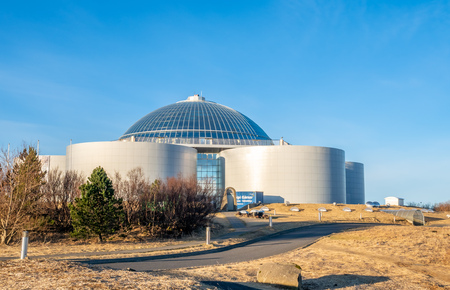 REYKJAVIK, ICELAND - MARCH 11 : Modern architecture of Perlan aviation museum, landmark of capital city, under blue sky in Reykjavik, Iceland, on March 11, 2018.のeditorial素材
