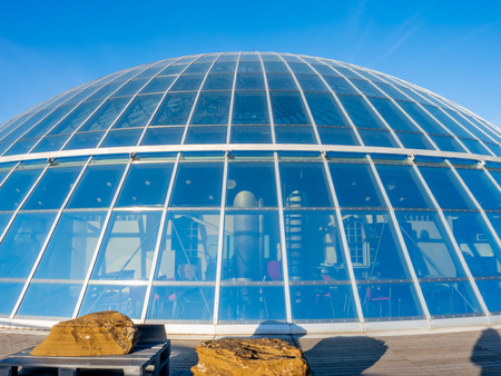 Corridor walk way at Observatory deck of Perlan aviation museum under blue sky in Reykjavik, capital city of Icelandのeditorial素材