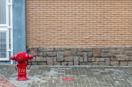 Red fire hydrant at ground on pathwayの写真素材