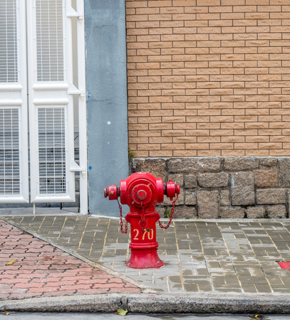 Red fire hydrant at ground on pathwayの写真素材