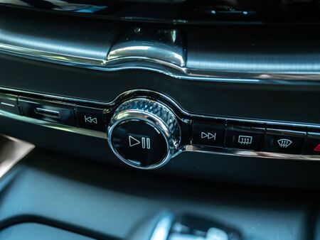 BANGKOK, THAILAND - JANUARY 1 : Play and pause button with volume ring control in Volvo car new model in Bangkok, Thailand, on January 1, 2019.のeditorial素材
