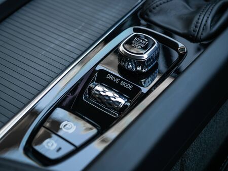 BANGKOK, THAILAND - JANUARY 1 : Ignition switch on gearbox control with Parking and auto brake button in Volvo car new model in Bangkok, Thailand, on January 1, 2019.のeditorial素材