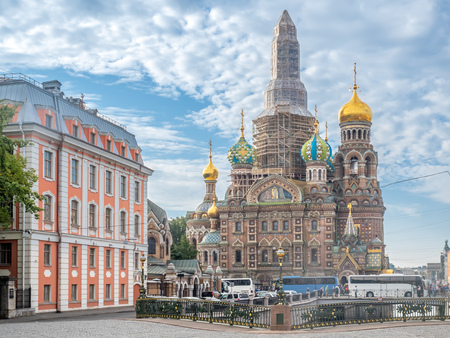 SAINT PETERSBURG, RUSSIA - SEPTEMBER 2 : Under construction of The Church of the Savior on Spilled Blood, sophisticated medieval architecture cathedral in Saint Petersburg, Russia, was taken on September 2, 2018.のeditorial素材