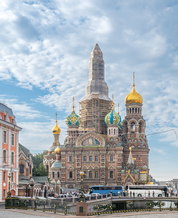 SAINT PETERSBURG, RUSSIA - SEPTEMBER 2 : Under construction of The Church of the Savior on Spilled Blood, sophisticated medieval architecture cathedral in Saint Petersburg, Russia, was taken on September 2, 2018.のeditorial素材