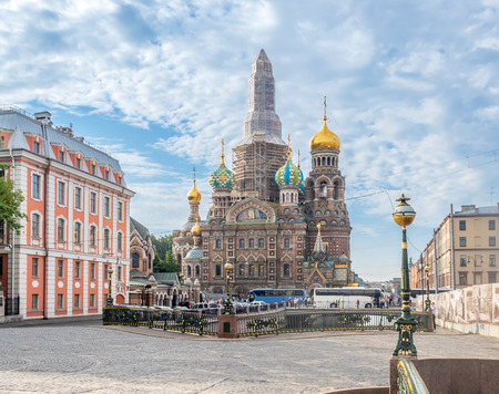 SAINT PETERSBURG, RUSSIA - SEPTEMBER 2 : Under construction of The Church of the Savior on Spilled Blood, sophisticated medieval architecture cathedral in Saint Petersburg, Russia, was taken on September 2, 2018.のeditorial素材