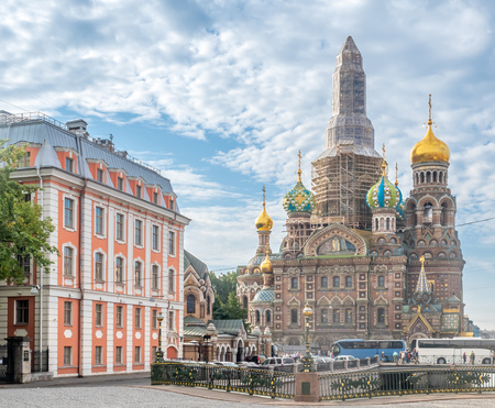 SAINT PETERSBURG, RUSSIA - SEPTEMBER 2 : Under construction of The Church of the Savior on Spilled Blood, sophisticated medieval architecture cathedral in Saint Petersburg, Russia, was taken on September 2, 2018.のeditorial素材