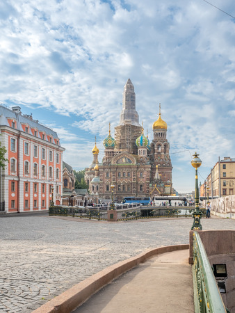 SAINT PETERSBURG, RUSSIA - SEPTEMBER 2 : Under construction of The Church of the Savior on Spilled Blood, sophisticated medieval architecture cathedral in Saint Petersburg, Russia, was taken on September 2, 2018.のeditorial素材