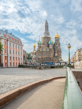 SAINT PETERSBURG, RUSSIA - SEPTEMBER 2 : Under construction of The Church of the Savior on Spilled Blood, sophisticated medieval architecture cathedral in Saint Petersburg, Russia, was taken on September 2, 2018.のeditorial素材