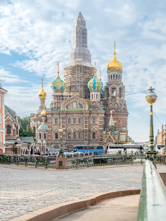 SAINT PETERSBURG, RUSSIA - SEPTEMBER 2 : Under construction of The Church of the Savior on Spilled Blood, sophisticated medieval architecture cathedral in Saint Petersburg, Russia, was taken on September 2, 2018.のeditorial素材