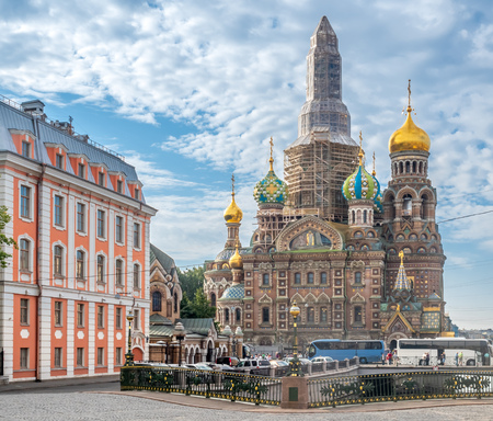 SAINT PETERSBURG, RUSSIA - SEPTEMBER 2 : Under construction of The Church of the Savior on Spilled Blood, sophisticated medieval architecture cathedral in Saint Petersburg, Russia, was taken on September 2, 2018.のeditorial素材
