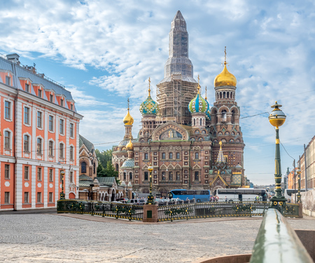 SAINT PETERSBURG, RUSSIA - SEPTEMBER 2 : Under construction of The Church of the Savior on Spilled Blood, sophisticated medieval architecture cathedral in Saint Petersburg, Russia, was taken on September 2, 2018.のeditorial素材