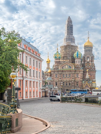 SAINT PETERSBURG, RUSSIA - SEPTEMBER 2 : Under construction of The Church of the Savior on Spilled Blood, sophisticated medieval architecture cathedral in Saint Petersburg, Russia, was taken on September 2, 2018.のeditorial素材