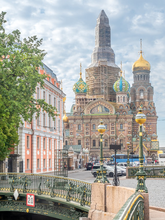 SAINT PETERSBURG, RUSSIA - SEPTEMBER 2 : Under construction of The Church of the Savior on Spilled Blood, sophisticated medieval architecture cathedral in Saint Petersburg, Russia, was taken on September 2, 2018.のeditorial素材