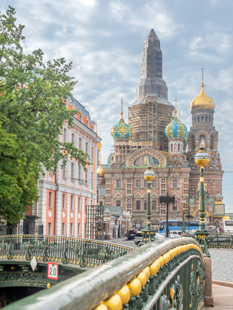 SAINT PETERSBURG, RUSSIA - SEPTEMBER 2 : Under construction of The Church of the Savior on Spilled Blood, sophisticated medieval architecture cathedral in Saint Petersburg, Russia, was taken on September 2, 2018.のeditorial素材