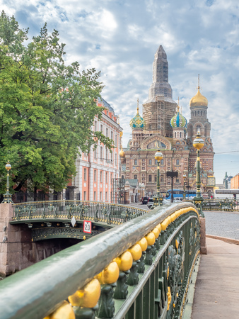 SAINT PETERSBURG, RUSSIA - SEPTEMBER 2 : Under construction of The Church of the Savior on Spilled Blood, sophisticated medieval architecture cathedral in Saint Petersburg, Russia, was taken on September 2, 2018.のeditorial素材
