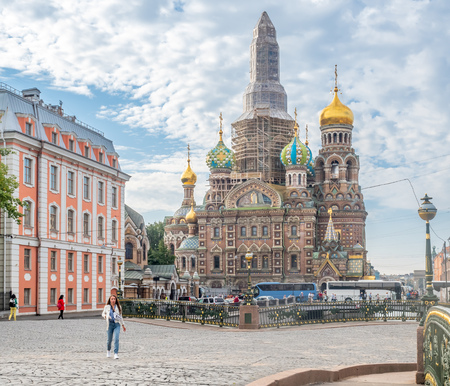 SAINT PETERSBURG, RUSSIA - SEPTEMBER 2 : Under construction of The Church of the Savior on Spilled Blood, sophisticated medieval architecture cathedral in Saint Petersburg, Russia, was taken on September 2, 2018.のeditorial素材