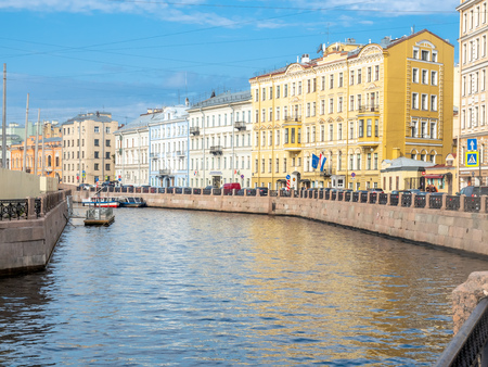 SAINT PETERSBURG, RUSSIA - SEPTEMBER 2 : Walk way along canal with surrounding buildings in Saint Petersburg, Russia, on September 2, 2018.のeditorial素材