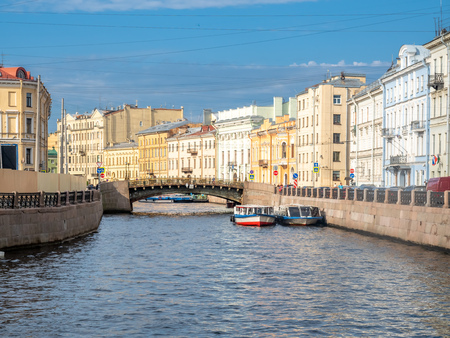 SAINT PETERSBURG, RUSSIA - SEPTEMBER 2 : Walk way along canal with surrounding buildings in Saint Petersburg, Russia, on September 2, 2018.のeditorial素材