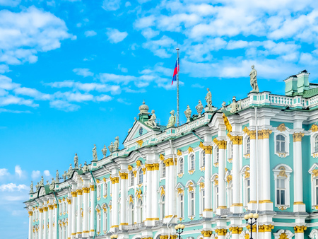 SAINT PETERSBURG, RUSSIA - SEPTEMBER 2 : Exterior architecture of The Hermitage museum, old winter palace of Catheline the Great, the second largest museum in the world in Saint Petersburg, Russia, on September 2, 2018.のeditorial素材