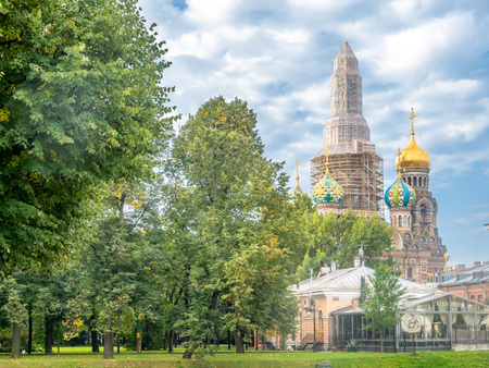 SAINT PETERSBURG, RUSSIA - SEPTEMBER 2 : Under construction of The Church of the Savior on Spilled Blood, sophisticated medieval architecture cathedral in Saint Petersburg, Russia, was taken on September 2, 2018.のeditorial素材
