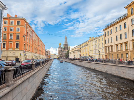 SAINT PETERSBURG, RUSSIA - SEPTEMBER 2 : Under construction of the Church of the Savior on Spilled Blood, view along Griboyedov canal in Saint Petersburg, Russia, on September 2, 2018.のeditorial素材