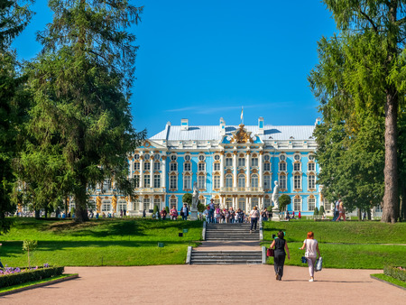 PUSHKIN, SAINT PETERSBURG, RUSSIA - SEPTEMBER 3 : Catherine Palace, Tsarskoye selo, classic beautiful architecture in Saint Petersburg, Russia on September 3, 2018, under blue skyのeditorial素材