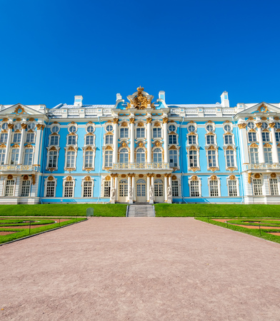 PUSHKIN, SAINT PETERSBURG, RUSSIA - SEPTEMBER 3 : Catherine Palace, Tsarskoye selo, classic beautiful architecture in Saint Petersburg, Russia on September 3, 2018, under blue skyのeditorial素材