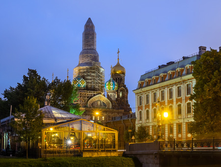 The Church of the Savior on Spilled Blood, landmark in Saint Petersburg, view from front entrance, under twilight evening with night light in Russiaの写真素材