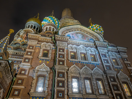 The Church of the Savior on Spilled Blood, landmark in Saint Petersburg, view from front entrance, under twilight evening with night light in Russiaの写真素材
