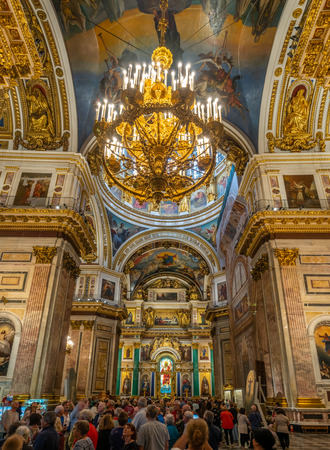 SAINT PETERSBURG, RUSSIA - SEPTEMBER 4, 2018 : Sophisticated interior architecture of St. Isaac's Cathedral, altar, dome, painting, sculpture, art, in Saint Petersburg, Russiaのeditorial素材