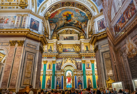 SAINT PETERSBURG, RUSSIA - SEPTEMBER 4, 2018 : Sophisticated interior architecture of St. Isaac's Cathedral, altar, dome, painting, sculpture, art, in Saint Petersburg, Russiaのeditorial素材