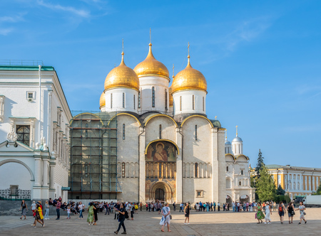 MOSCOW, RUSSIA - SEPTEMBER 5 : Dormition cathedral, or Cathedral of Assumption, in Cathedral square in Moscow Kremlin, summer season, in Moscow, Russia, on September 5, 2018.のeditorial素材