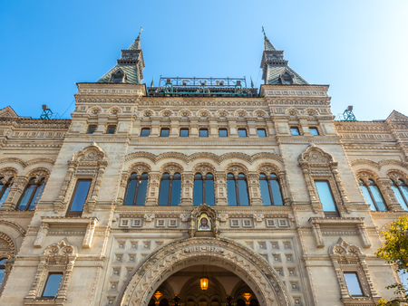 MOSCOW, RUSSIA - SEPTEMBER 6 : Beautiful exterior architecture of Gum department store at center of Red Square in Moscow, Russia, on September 6 ,2018.のeditorial素材
