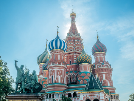 MOSCOW, RUSSIA - SEPTEMBER 6 : Saint Basil Cathedral with Monument of Minin and Pozharsky in Red Square, Moscow, Russia, on September 6, 2018.のeditorial素材
