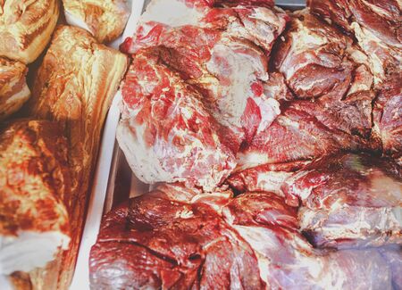 Raw meat close up. Store display. Butcher display.Beef Slice,Beef Brisket,chadolbagi, beef, brisket . Image taken at market , concept of selling fresh meat , fleshの写真素材