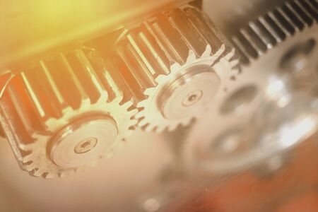 Parts of gear system , Close up of mechanical heavy steel metal wheel cog. Concept business idea....
