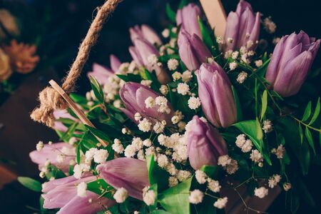 bunch of Purple Lilac lavender violet tulips bouquet of mixed flowers. Fresh spring Summer...