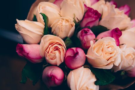 Bunch of Pink red bouquet of mixed roses. Pattern Fresh spring Summer backgroundの写真素材