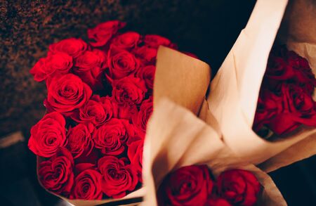 Bunch of Pink red white  bouquet of mixed roses. Pattern Fresh spring Summer backgroundの写真素材