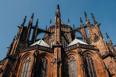 Gorgeous view of Gothic capel  cathedral , Monument of German Roman  Catholicism Neogothic architecture .the Catholic St. Vitus, Wenceslas and Adalbert in Prague. Aerial panoramic drone sky  viewの写真素材