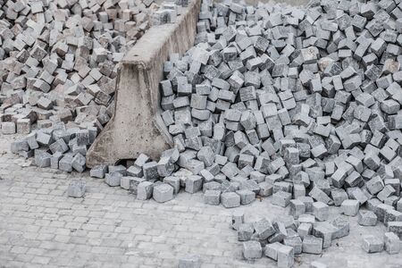 Breakstone Street Road gravel. Gravel texture. Crushed Gravel background. Piles of limestone rocks. Break stones on construction site.の写真素材