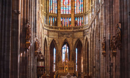 Interior of Gothic Cathedral , monument of German Catholicism and Gothic architecture. old retro churchold retro church background in gothic styleのeditorial素材