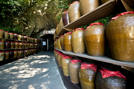 The entrance to Tunnel 88 which now acts as a storage area for jars containing locally distilled alcohol. It is a major tourist attraction on Nangan Island of the Matsu archipelago in Taiwan.のeditorial素材